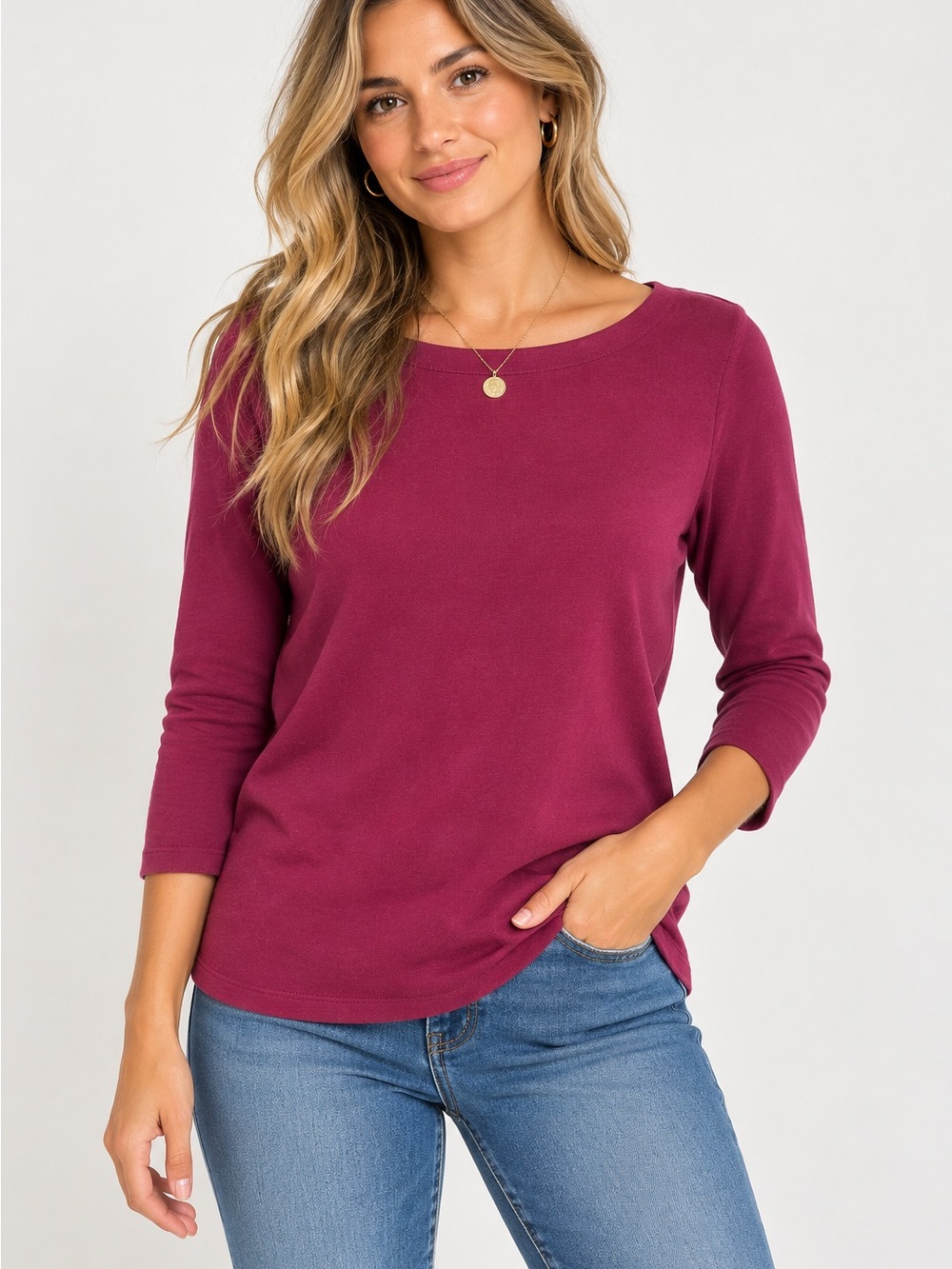 Loft NWOT Women’s Crewneck 3/4 Sleeve Top in Berry
